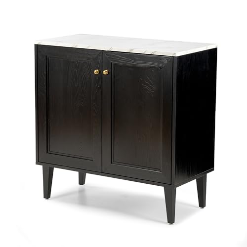 Black Storage Cabinet, Sideboard Buffet Cabinet Modern Accent Cabinet with Faux Marble Top & Adjustable Shelves, Wooden Credenza, Console Table Entryway Cabinet for Living Room