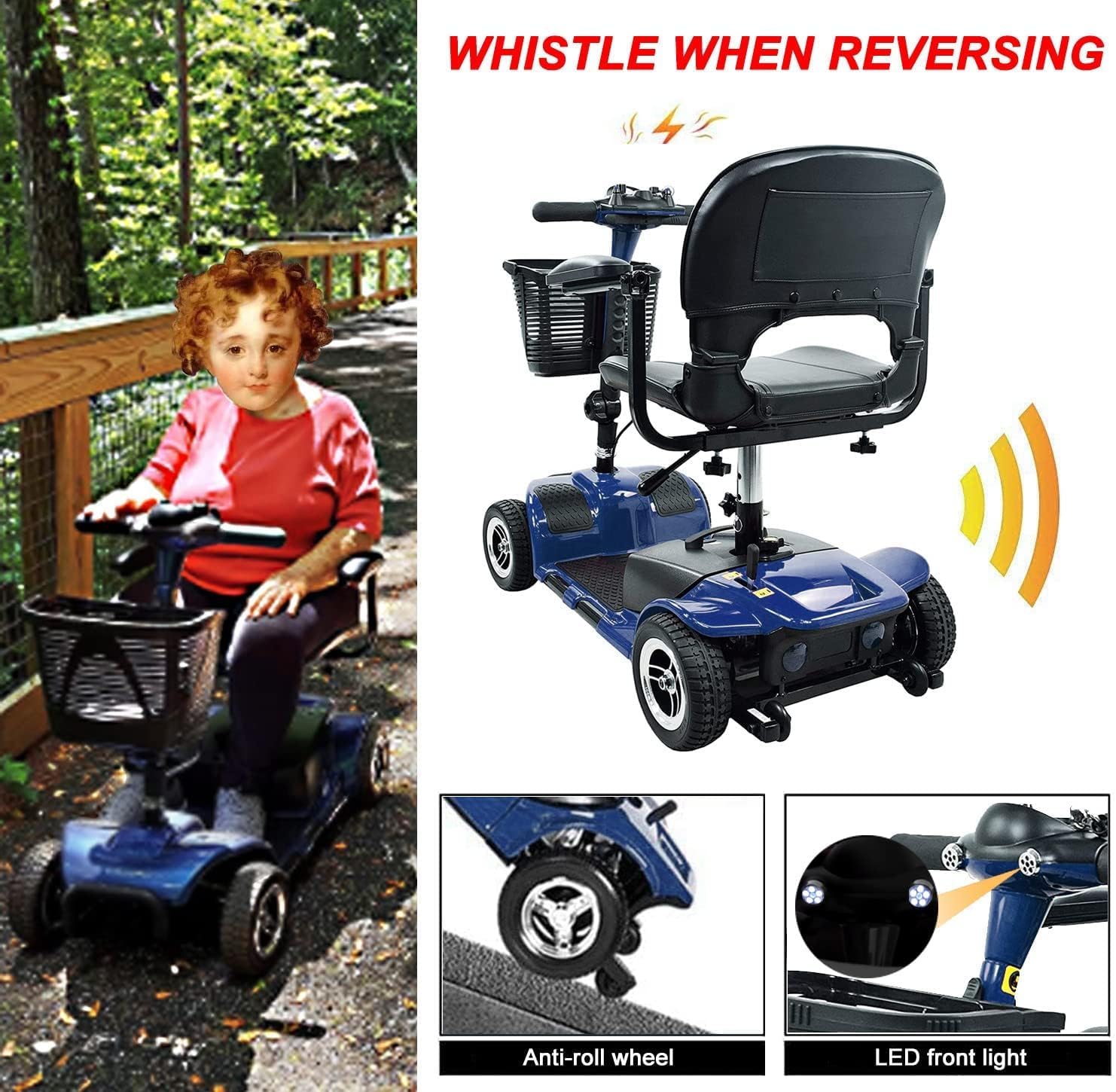 4 Wheel Mobility Scooter, Electric Power Mobile Wheelchair for Seniors Adult with Lights- Collapsible and Compact Duty Travel Scooter w/Basket Blue