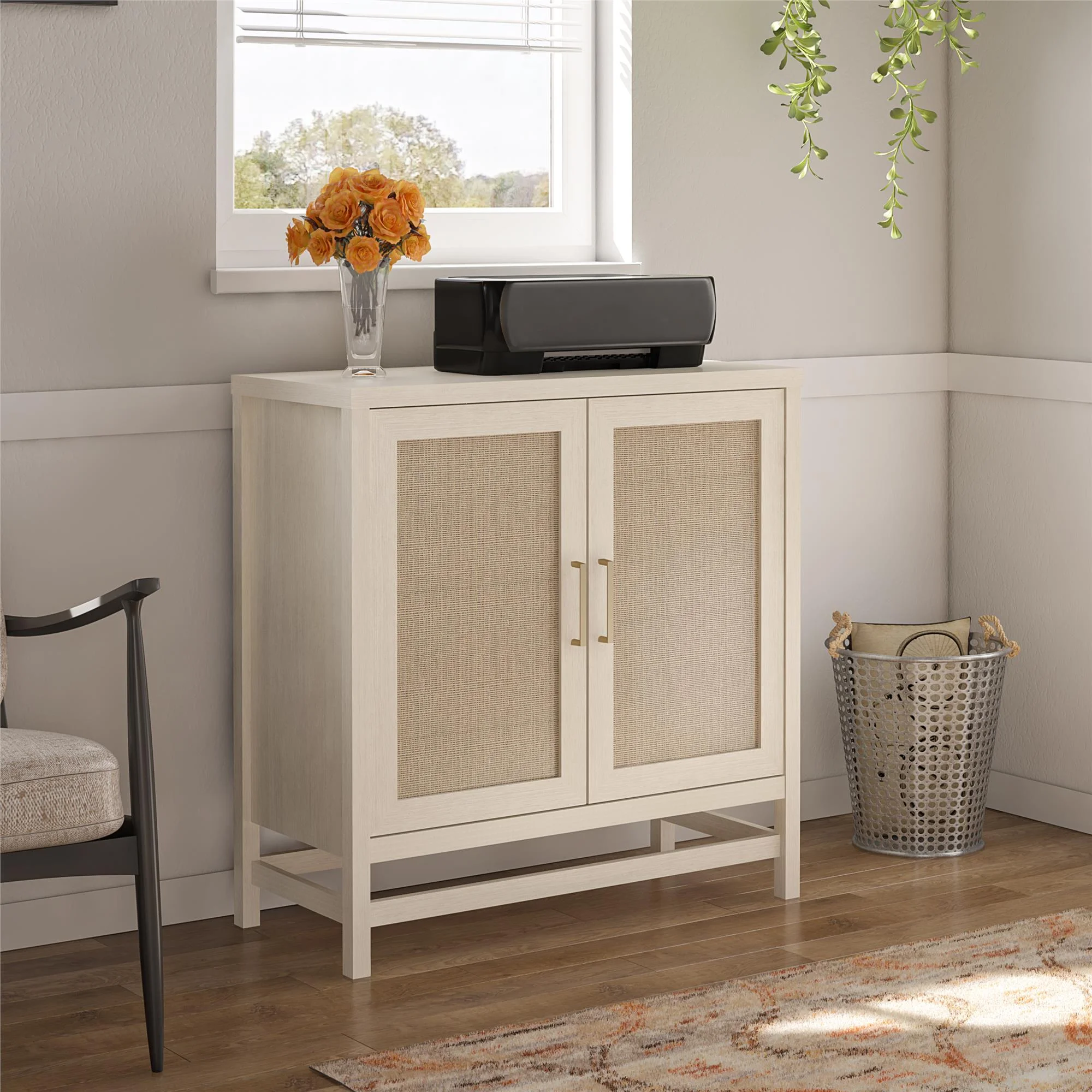 Ameriwood Home Lennon 2 Door Storage Cabinet, Ivory Oak and Faux Rattan