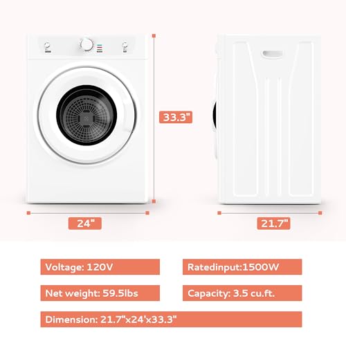 Euhomy Dryer, 3.5 Cu. Ft. 1500W Clothes Dryer, Stainless Steel Tumble Dryer with Exhaust Hose for Home, Apartment, Dorm, White