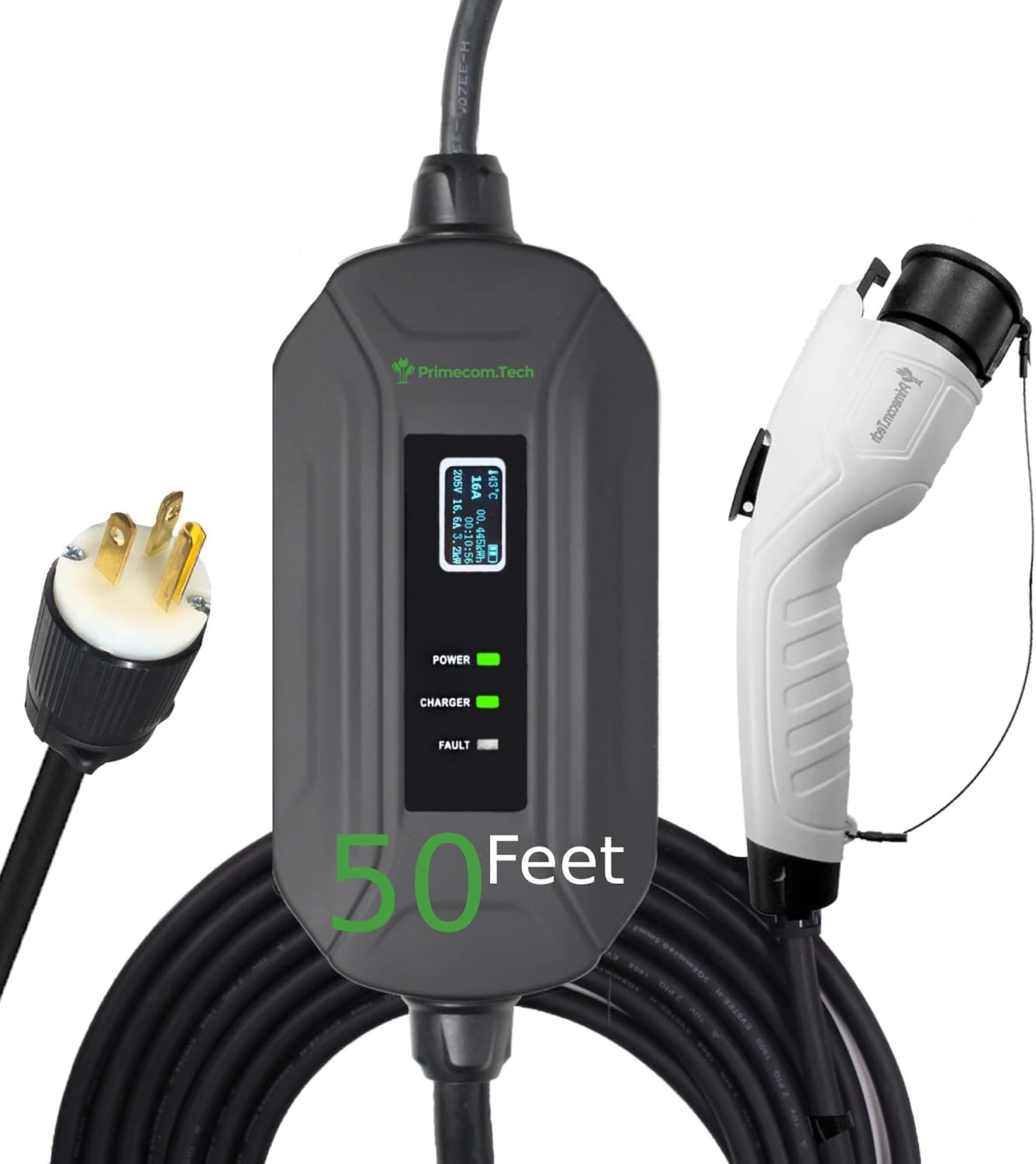 PRIMECOM Level 2 Electric Vehicle (EV) Charger (220V / 240Volt, 16Amp) Portable EVSE Smart Electric Car Charger, 30', 40', and 50 Feet Lengths (European, 35 Feet)