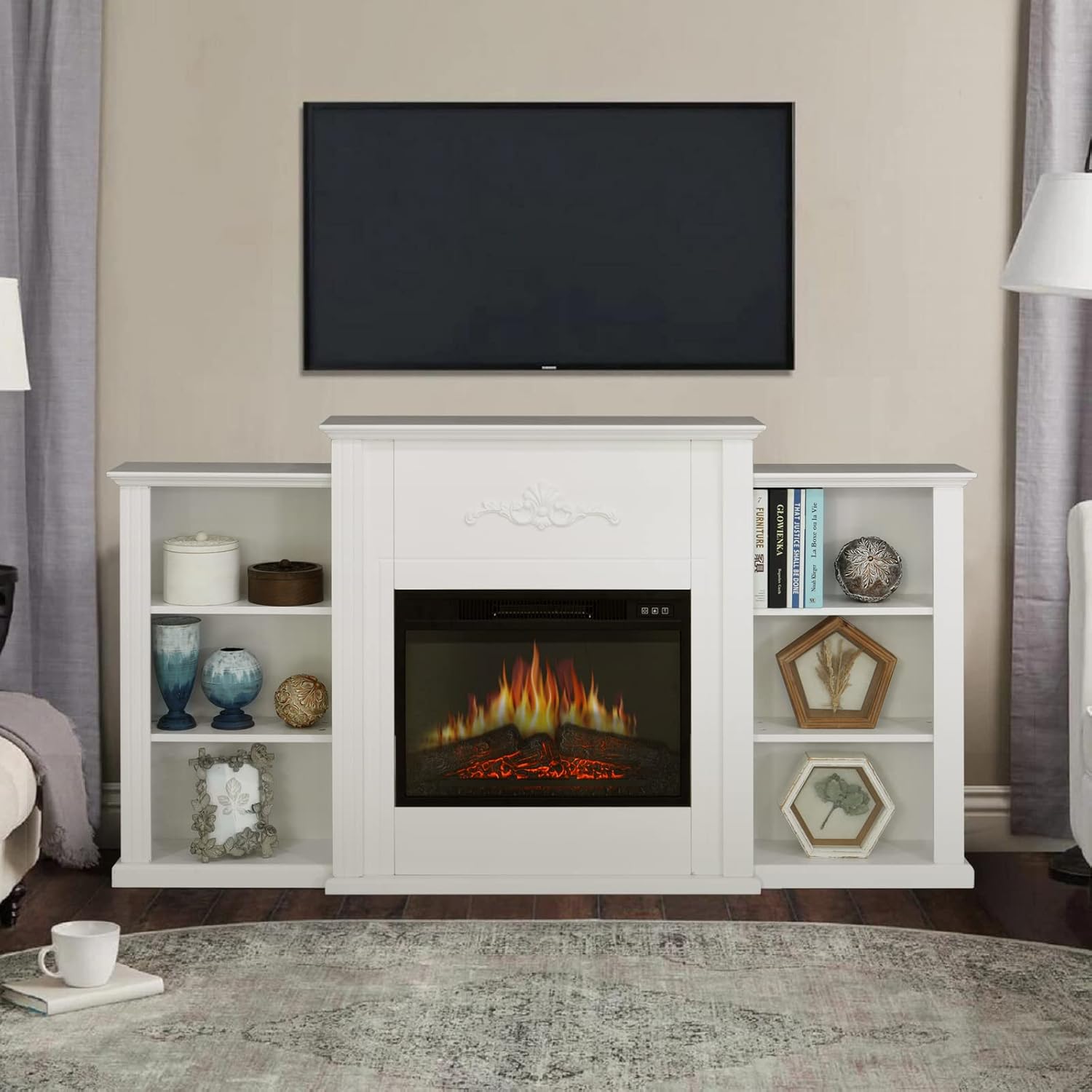 Sophia & William Farmhouse Electric Fireplace TV Stand for TV's Up to 65, Accent Decorative Barn Door Storage Cabinet Chest with 23 Insert Fireplace for Living Room Bedroom Home Office, Burlywood
