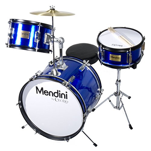 Mendini By Cecilio Kids Drum Set, 3 Piece Junior Drum Set for Beginners with Bass Tom Snare Drum, 16 inch Drum Kit with Snare, Cymbal, Drumsticks, Adjustable Seat (Metallic Red)