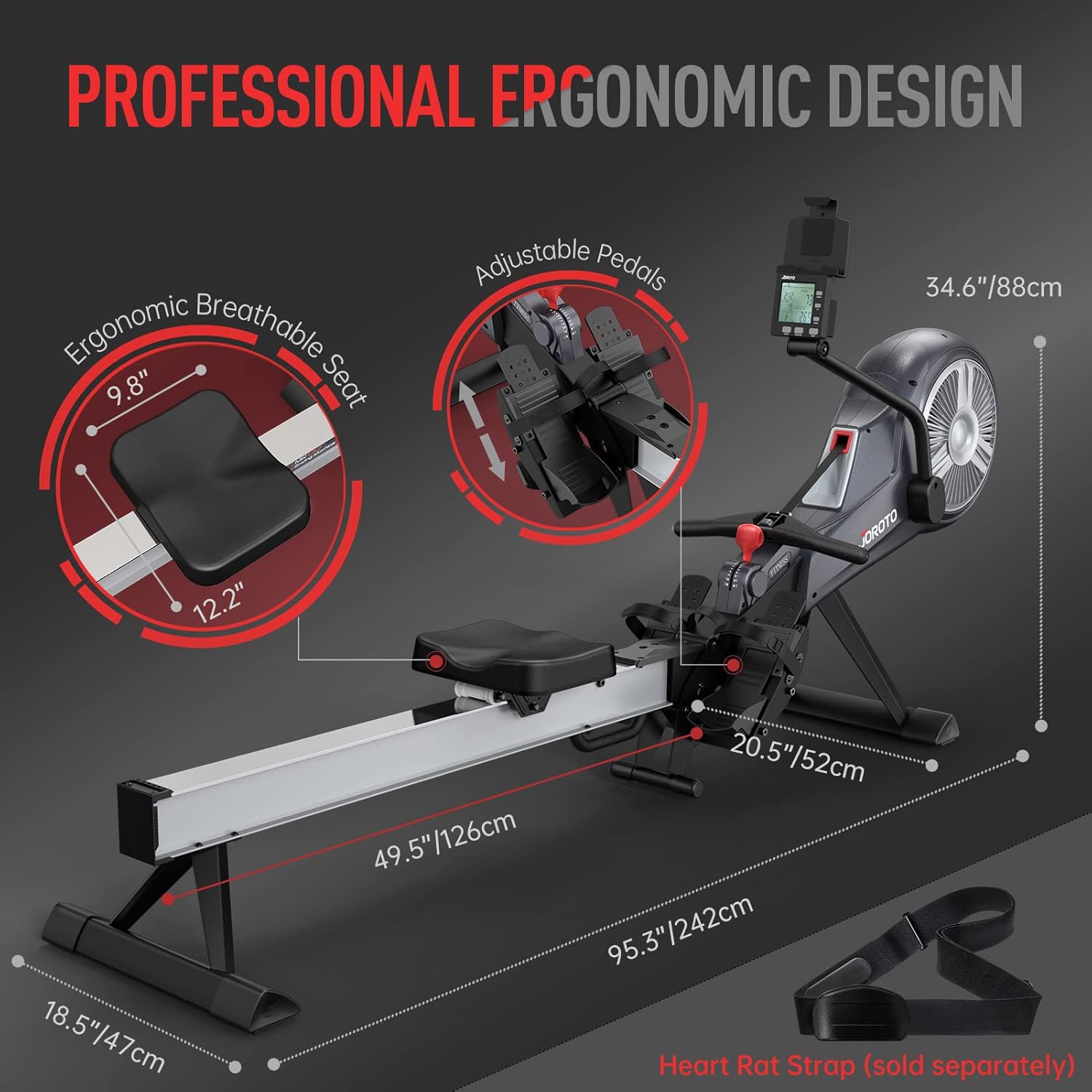 JOROTO Rowing Machine - Air & Magnetic Resistance Rowing Machines for Home Use, Commercial Grade Foldable Rower Machine with Bluetooth & Smart Backlit Monitor - 350LBS Load