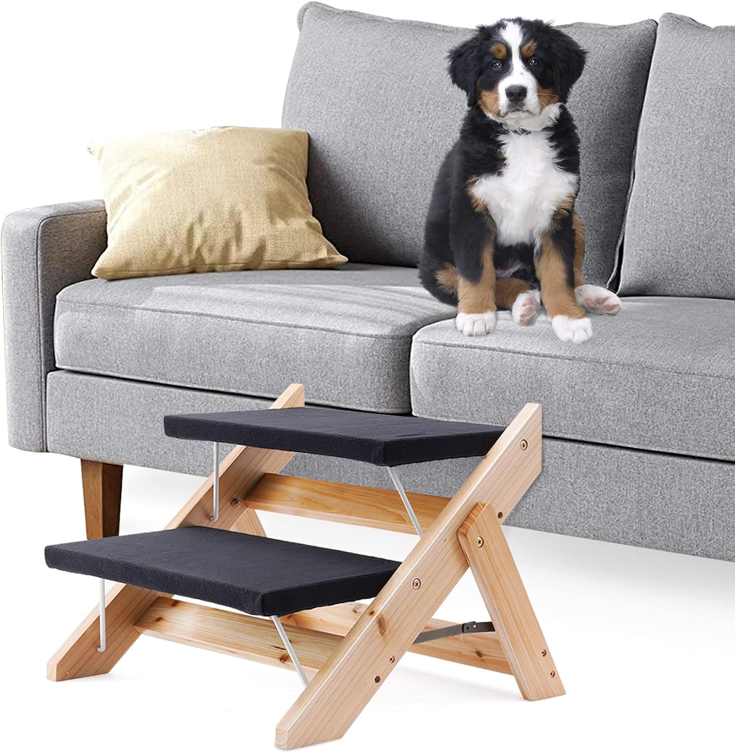 Kerrogee 2-in-1 Dog Pet Stairs, Foldable Pet Ramp with 2 Levels,Wooden Pet Steps for Small to Large Dogs,Pet Ladder for Car,High Bed and Couch,Easy Storage