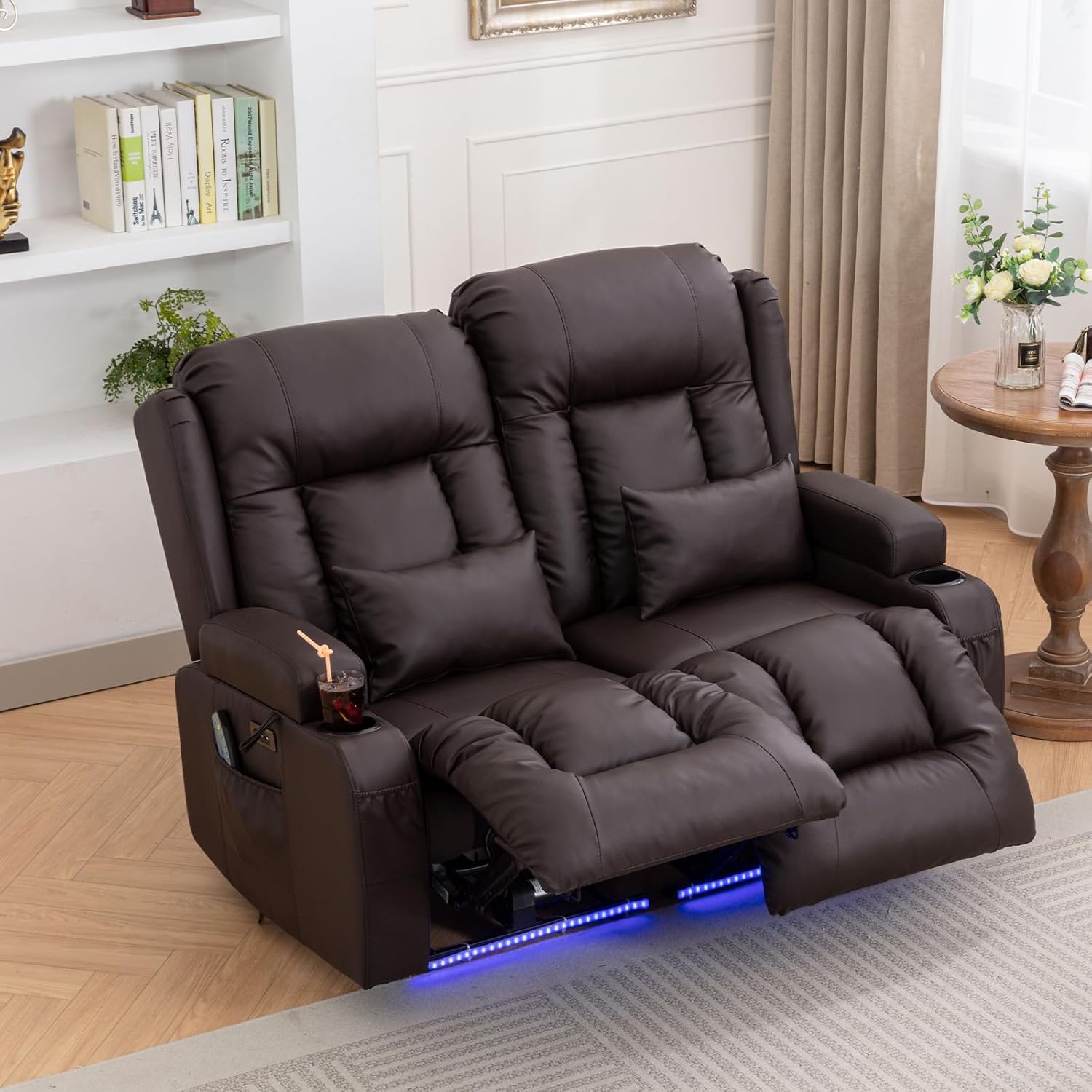 Home Theater Seating, Faux Leather Power Recliner Chair with Massage& Heat, RV Loveseat Sofa Theater Seats with LED Lights/Lumbar Pillow/Cup Holders/Side Pockets (Brown)