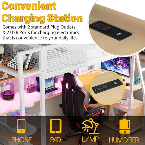 Full Size Loft Bed with Desk and Stairs,Metal Gaming Loft Bed Full with Wardrobe and Shelf, High Loft Bed with LED & USB Charging Station for Teens, Adults, Space Saving Design,Black