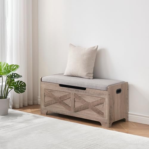 GAOMON Storage Chest, Storage Bench with Safety Hinge, Barn Style Storage Trunk, Wooden Entryway Bench, Shoe Bench, Large Storage Chest for Entryway, Bedroom, Living Room