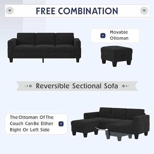 Convertible Sectional Sofa Couch Beige 3Seat L-Shaped Sectional Sofa Couch with Storage Ottoman and Pockets,Modern Linen Fabric Upholstered Sofa Furniture Set for Living Room Small Space Bedroom