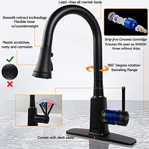 Touchless Kitchen Faucet,Soosi Motion Sensor Single Handle Automatic Kitchen Faucets One/3 Hole 3-Function Kitchen Faucets with Pull Down Sprayer Spot Free Polished Chrome Solid Brass Stainless Steel