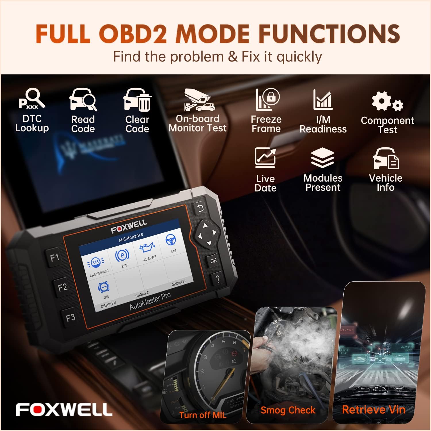 FOXWELL OBD2 Scanner NT624 Elite All Systems 5 Resets and Universal 12+8 Cable Adapter Connector
