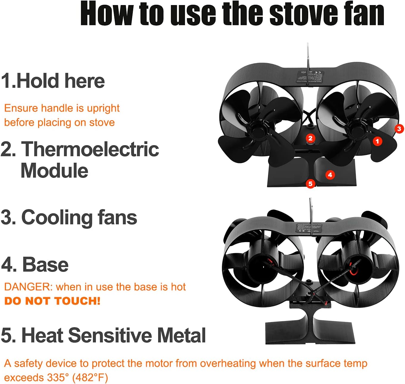 8 Blade Wood Stove Fan Dual Head Fireplace Fan Heat Powered Double Motor Eco Friendly Fan Burner Scope Of Application: Real Fire Fireplace, Pellet Fireplace, Log Fireplace Pack of 2