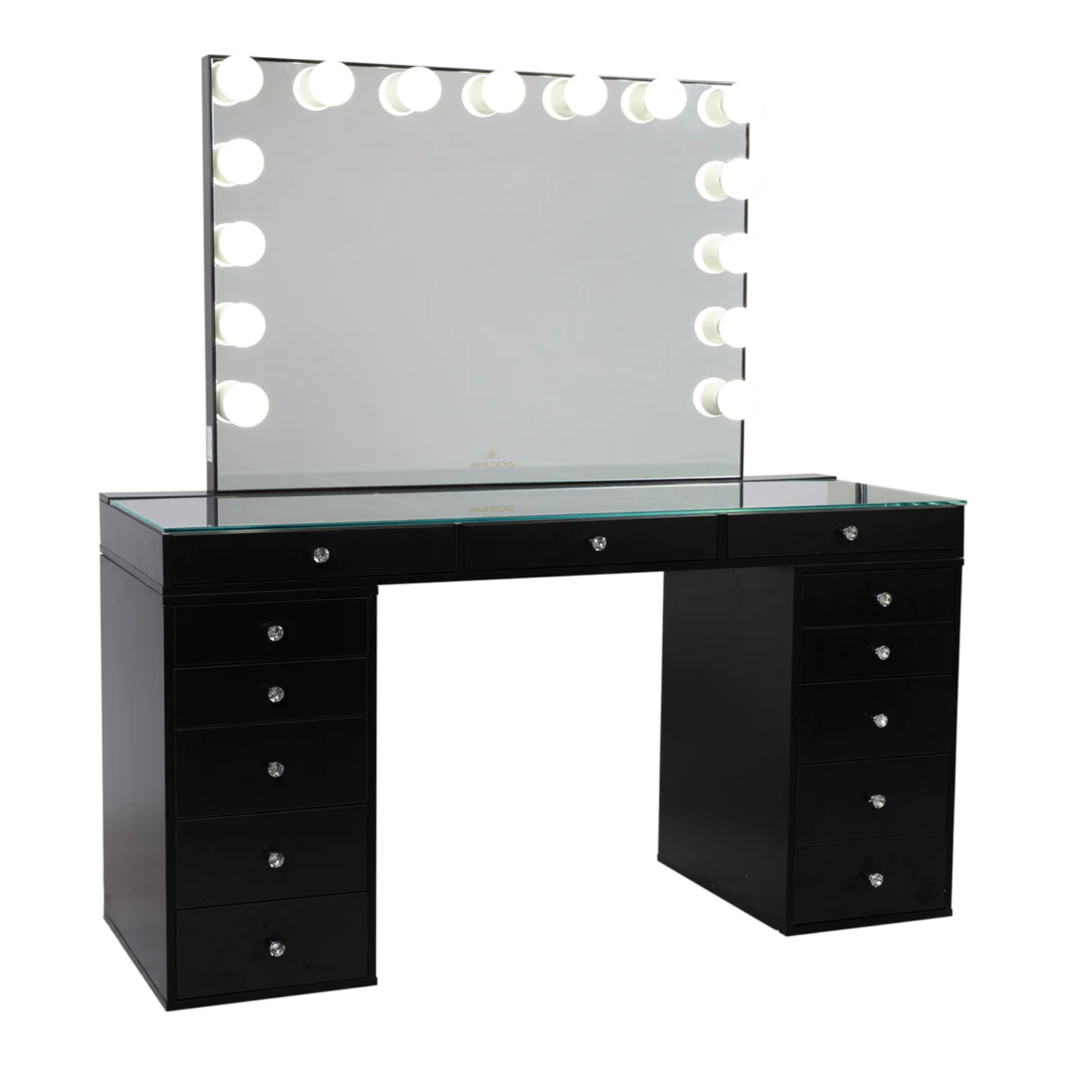 Impressions Vanity Desk, Slaystation Pro 2.0 Makeup Table with 5 Drawers Unit Bundle of Glass Top Desk, Storage, Tabletop Hollywood Vanity Mirror, Dresser Organizer for Bedroom,Living Room (Pro Black)