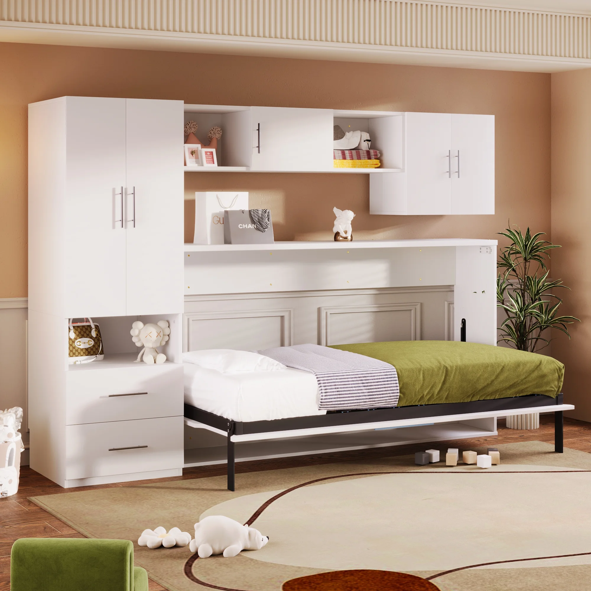 Euroco Twin Size Murphy Bed with Shelf and Drawer, Built-in Wardrobe and Desktop, Convertible into Cabinet for Living Room, Guests Room, Space-Saving Bedroom Furniture Sets