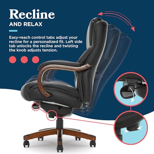 La-Z-Boy Delano Big & Tall Executive Office Chair, Ergonomic Mid-Back Body Pillow Lumbar Support, ComfortCore Memory Foam Cushion, Mahogany Wood Arms & Swivel Base, Bonded Leather, Chestnut Brown