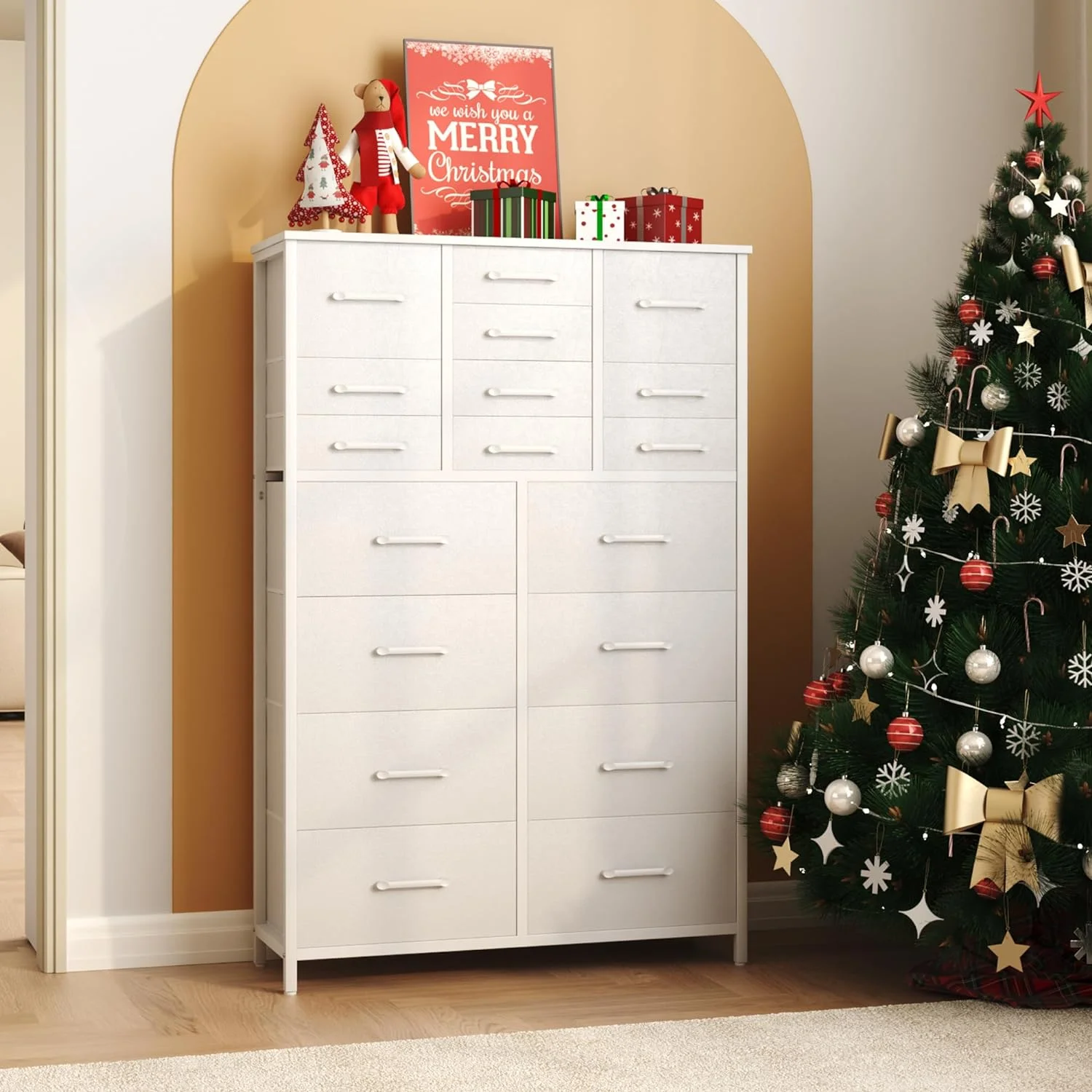 HOMEFORT 18 Drawer Dresser for Bedroom, 57" Tall Fabric Chest of Drawers, Large Capacity Storage Organizer Tower for Closet, Living Room, Hallway, Entryway, White
