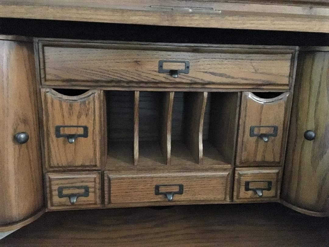 Roll Top Desk Solid Oak Wood 54 inch Deluxe Executive Desk Harvest Stain Home Office Secretary Organizer Roll Hutch Top Easy Assembly Quality Crafted Construction Locking File Drawers Dovetailed