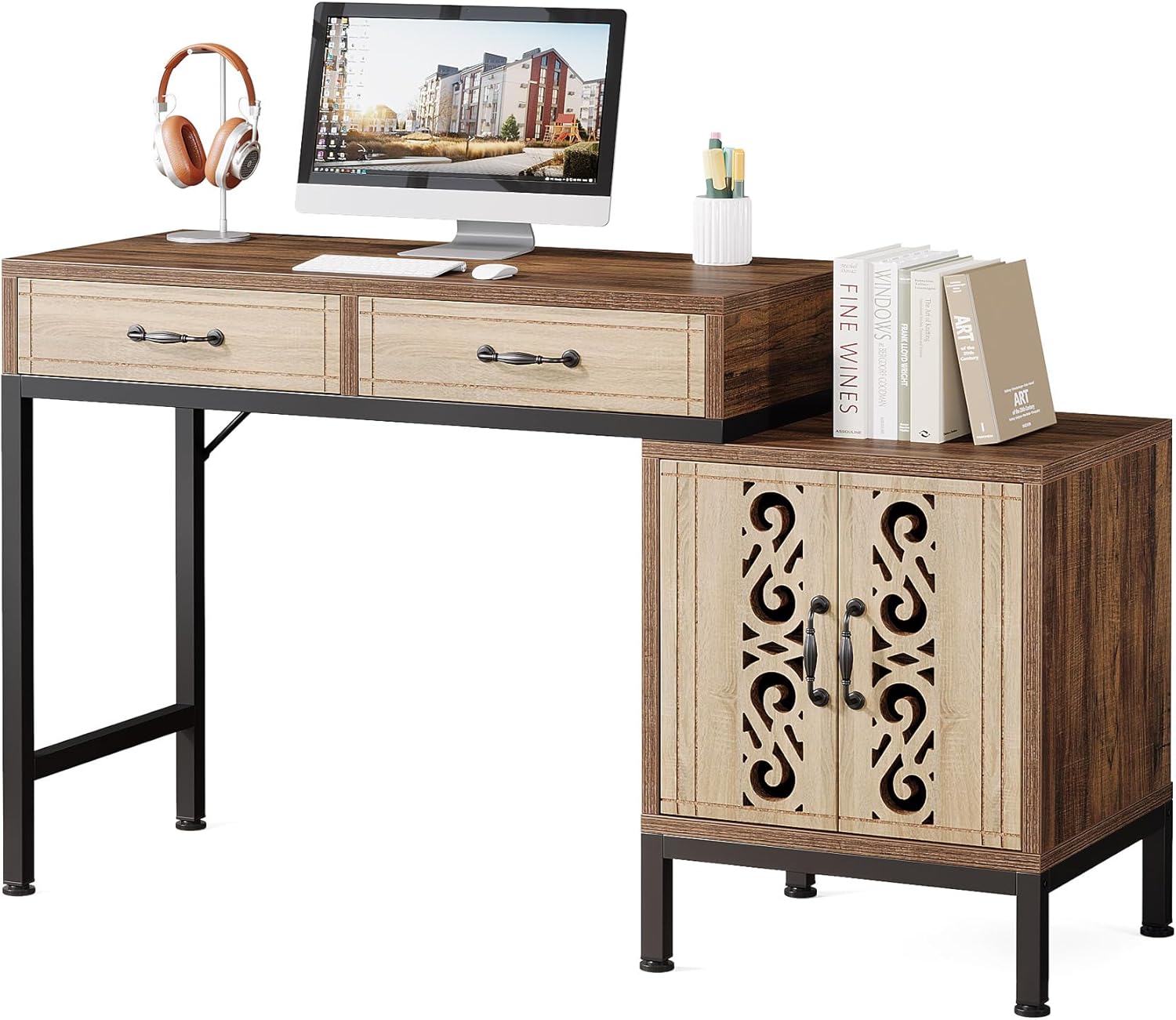 Tribesigns 55-Inch Computer Desk with Drawers, Home Office Desk with Storage Cabinet and Printer Space, Reversible Computer Desk Workstation for Home Office, Bedroom, Brown