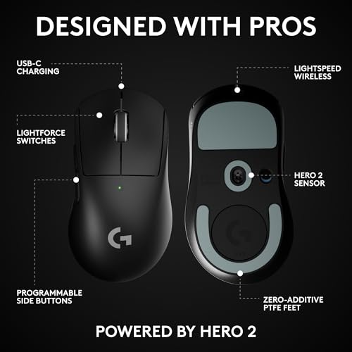 Logitech G PRO X Superlight 2 DEX Wireless Gaming Mouse, 60g pro-Grade Right-Handed Mouse with 5 programmable Buttons, USB-C Charging, 44k DPI Sensor, up to 8 kHz Polling for PC/Mac - White