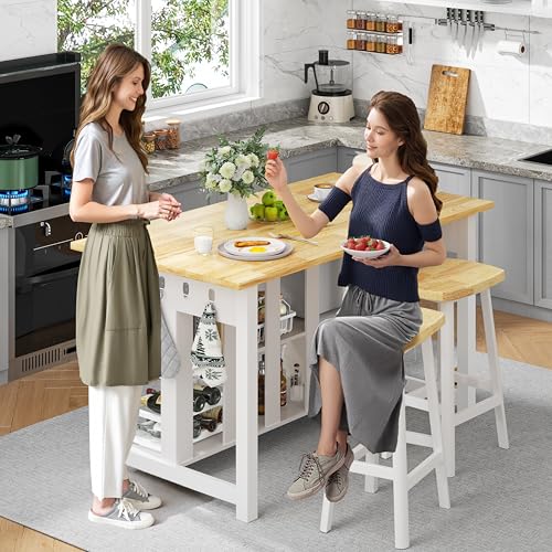 47.3" Solid Rubberwood Kitchen Island with Power Outlets - Extra Large Work Surface, 2 Drawers & Open Shelves Storage Cabinet for Kitchen Dining Room, Farmhouse Style (Grey)