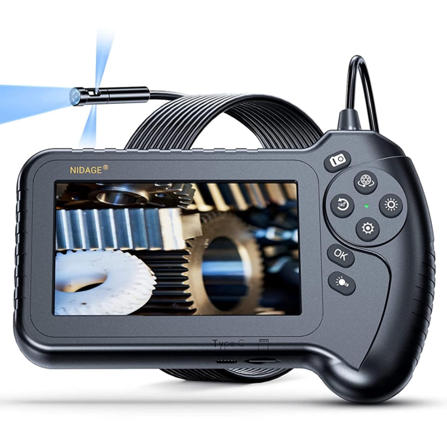 Triple Lens Endoscope Inspection Camera with 5'' IPS Screen NIDAGE 1080P Industrial Snake Camera with 11.5FT Waterproof Flexible Cable 8 LEDs 32GB Card Toolbox, Automotive Borescope Drain Pipe Camera