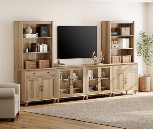 WAMPAT Entertainment Center with Bookshelves for TVs up to 75", Farmhouse Wall Unit TV Stand with 8 Doors & 4 Drawer, Media Console Table for Living Room, Bedroom & Home Theater, Off White