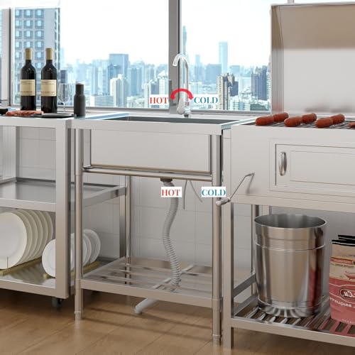 Stainless Steel Free-Standing Utility Sink, Single Bowl Freestanding Laundry Sink with Faucet, Drainboard, Storage, Hot & Cold Water Plumbing for Restaurant, Workshop, Home, 24x20x41 in