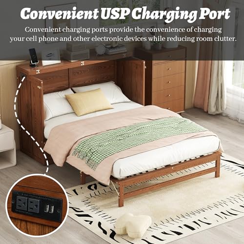 Queen Murphy Bed Cabinet, Murphy Bed Queen with Storage Drawer & Charging Station, USB Port, Solid Pine Wall Beds for Home Office, Studio or Guest Room, White