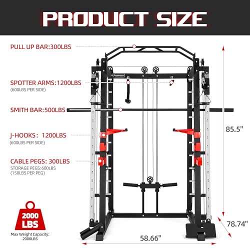 Smith Machine Home Gym with Cable Crossover, All-in-ONE Trainer Power Cage Smith for Strength Training