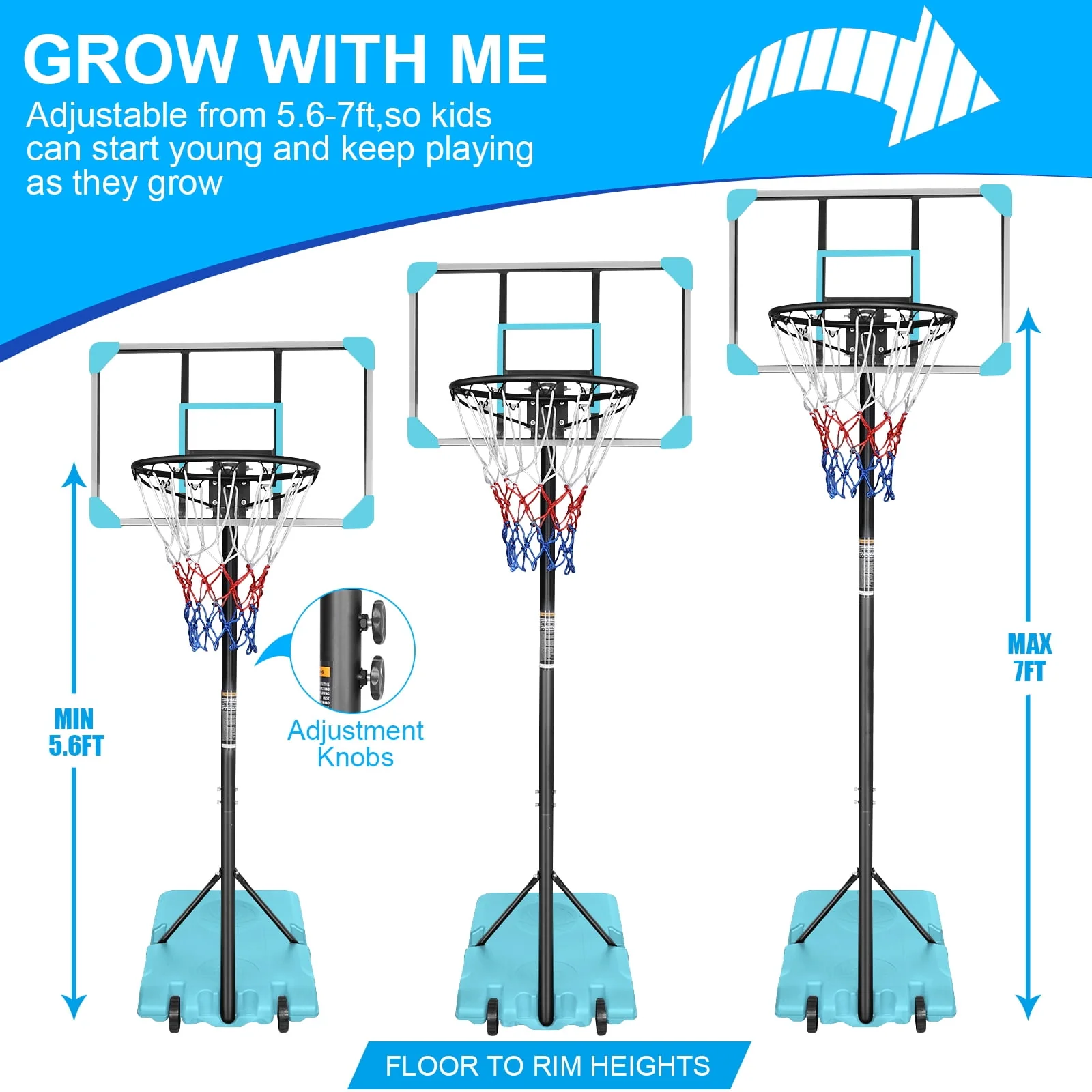 HooKung Portable Basketball Hoops Height Adjustable 5.6ft -7ft Basketball System 28'' Backboard with Wheels for Teenagers Youth Indoor Outdoor Use