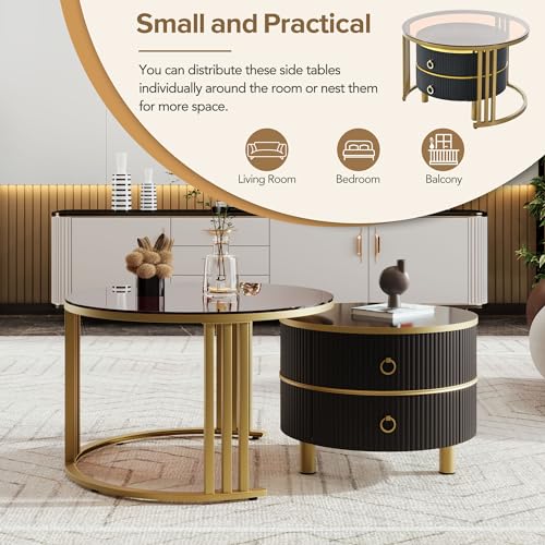 Modern Round Coffee Table, Nesting Table with Brown Tempered Glass and High Gloss Marble Tabletop, Glass Coffee Table for Living Room, Bedroom, Apartment (Golden Black)