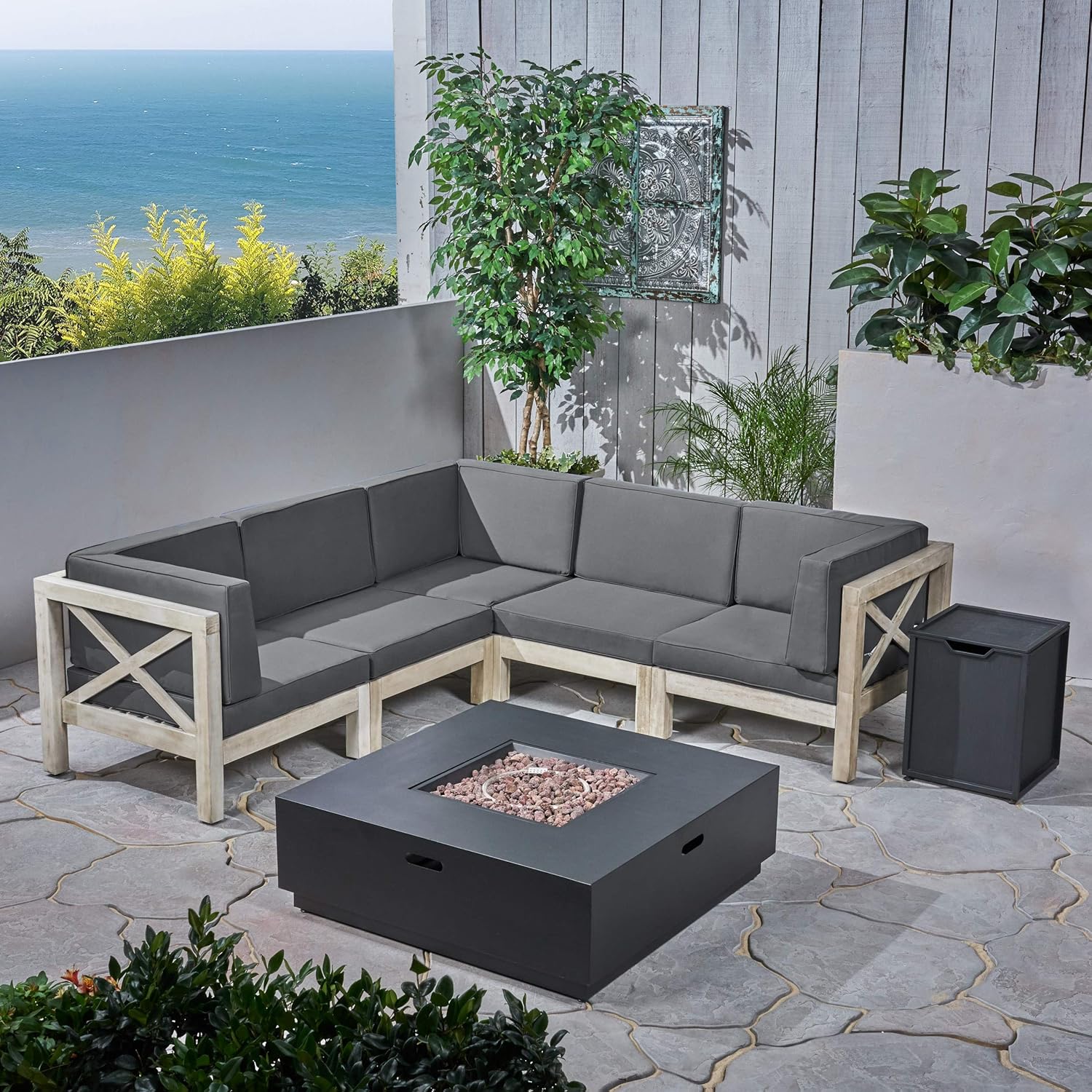 Great Deal Furniture Outdoor Acacia Wood 5 Seater Sectional Sofa Set with Fire Pit, Weathered Gray and Dark Gray