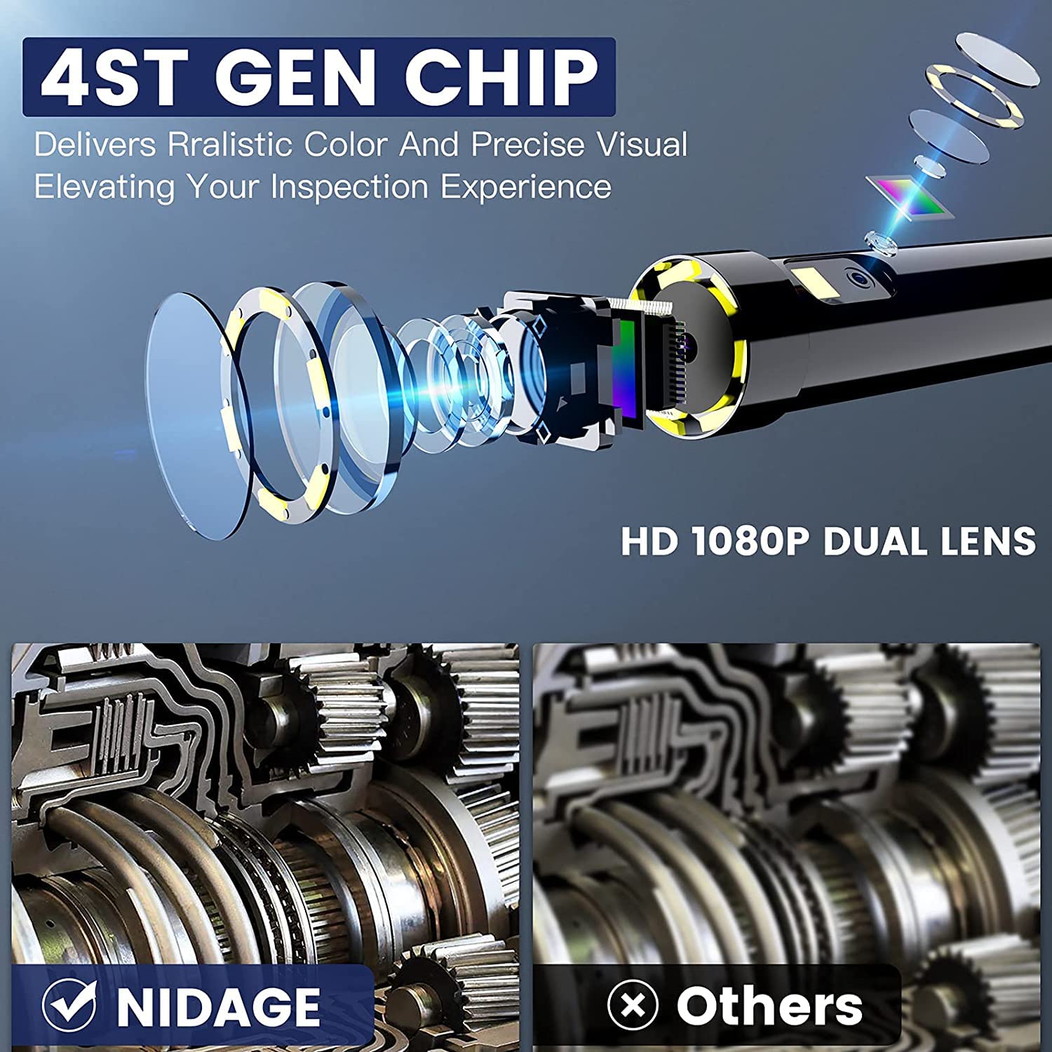 Triple Lens Endoscope Inspection Camera with 5'' IPS Screen NIDAGE 1080P Industrial Snake Camera with 11.5FT Waterproof Flexible Cable 8 LEDs 32GB Card Toolbox, Automotive Borescope Drain Pipe Camera