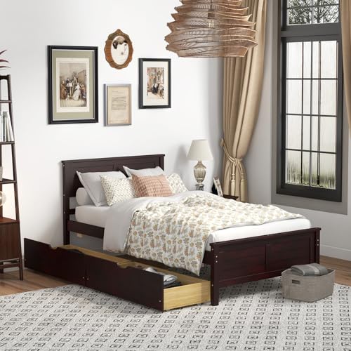 GOFLAME Twin Size Bed Frame with 2 Drawers, Platform Bed with Solid Wood Headboard & Footboard, Wood Slats Support Mattress Foundation, Under Bed Storage, No Box Spring Needed, Easy Assembly, White