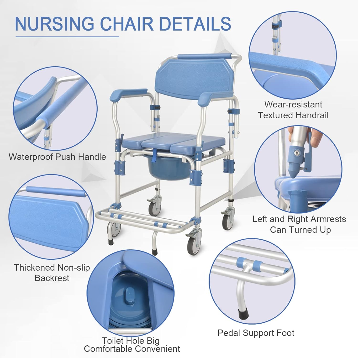 Rolling Showerchair, Wheelchair with Built-in Toilet, Wheelchair Shower Transport Chair/Bathroom Bath Stool for Elder, 4 Wheel Brakes(360°)