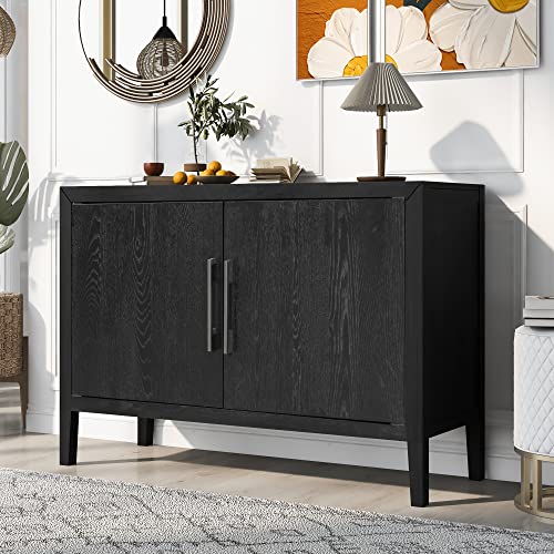 P PURLOVE Sideboard Storage Cabinet with 4 Doors, Retro Large Storage Space Buffet Cabinet with Adjustable Shelves, Sideboard for Hallway, Entryway, Living Room, Dining Room (Black)