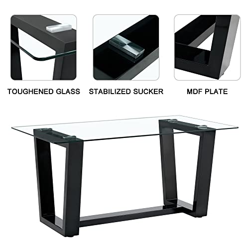 Glass Dining Table Set for 6, Modern Dining Room Table Set for 6, Kitchen Table Set for 6,Glass Dinner Table Set with Black Bracket Pedestal for Kitchen Dining Room
