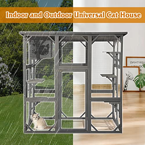 Grepatio Cat Enclosure Large Outdoor Catio Wooden Cat House with Weatherproof, Cat Cage Condo Indoor Playpen with Platform and Small House (Grey)