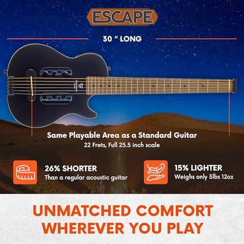 Traveler Guitar Escape Mark III Black Satin Acoustic Guitar | Small Acoustic Travel Guitar with Built-in Headphone Amp | Full 25.5" Scale Portable Headless Guitar | Mini Guitar with Custom Gig Bag