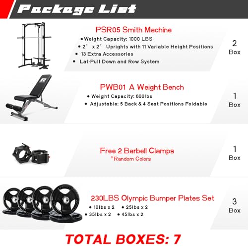 RitFit Smith Machine Power Rack with LAT-Pull Down System, Landmine, Barbell Bar, Plate Storage Pegs and More Training Attachment