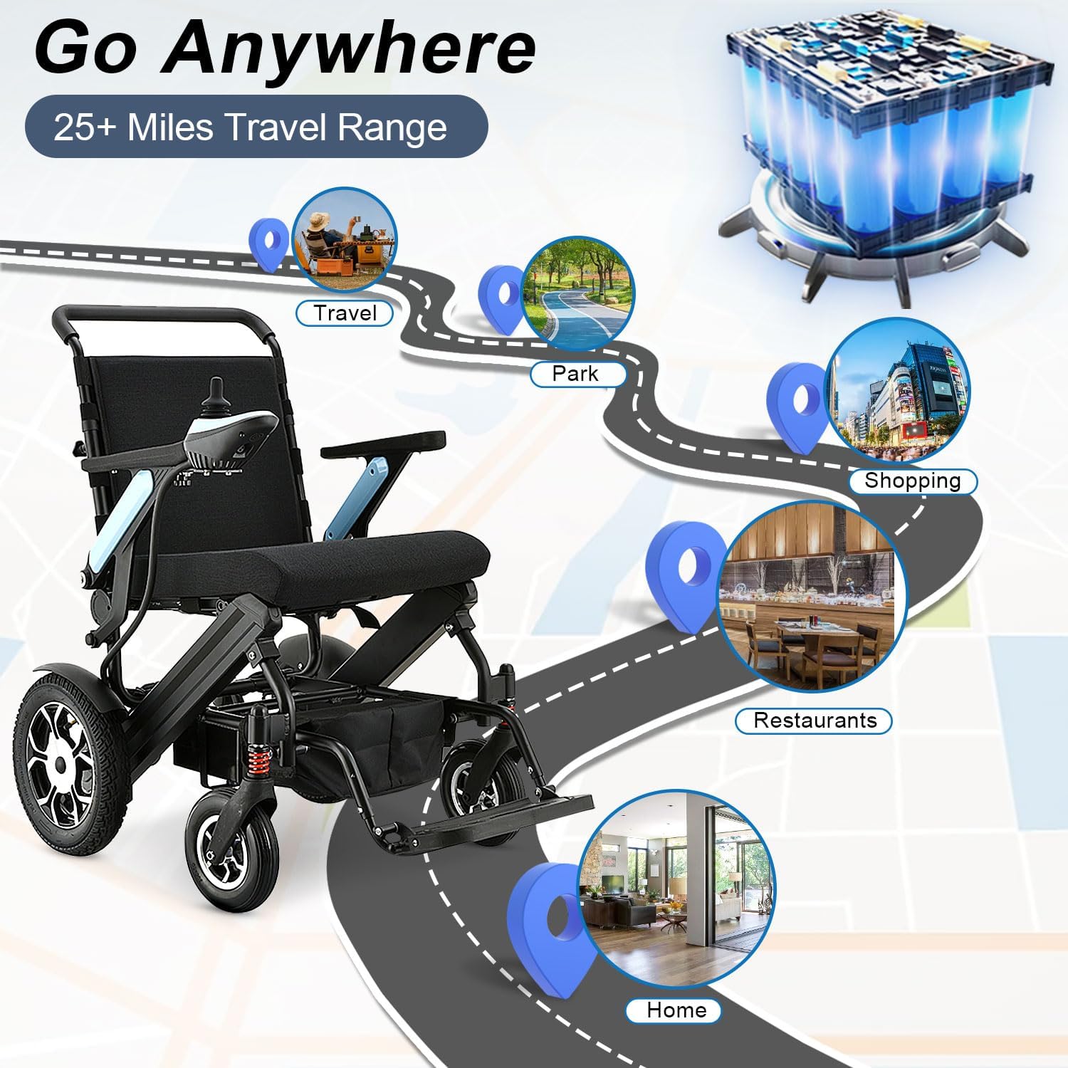 Electric Wheelchair for Adults Lightweight Foldable All Terrain Motorized Wheelchair for Seniors with 20AH Removable Battery 25 Miles Long Travel Range Travel Size Folding Electric Wheelchair