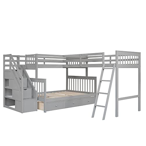 Twin Over Full L-Shaped Wooden Bunk Bed with Storage Drawers, Ladder and Staircase, Triple Bunk Bed Frame for 3 Kids Teens Adults, Gray