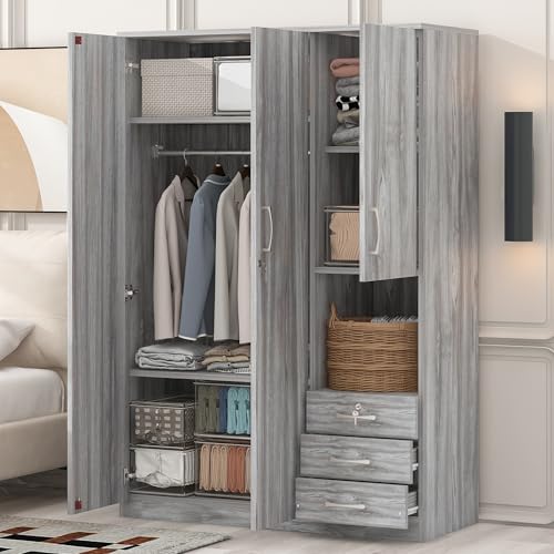 Merax Wooden Wardrobe Closet Organizer with Big Drawers, Hanging Rail and Shelves Tall 3 Doors Armoire Clothes Storage Cabinet for Bedroom, Laundry & Living Room, Easy Assembly, Grey
