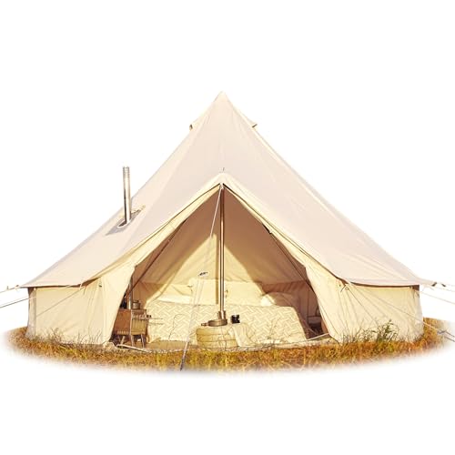 Cotton Canvas Bell Tent, Waterproof Large Tents with Sturdy Center & Door Pole and Space for 4/6/8 Person All 4 Season Camping Yurt Tent