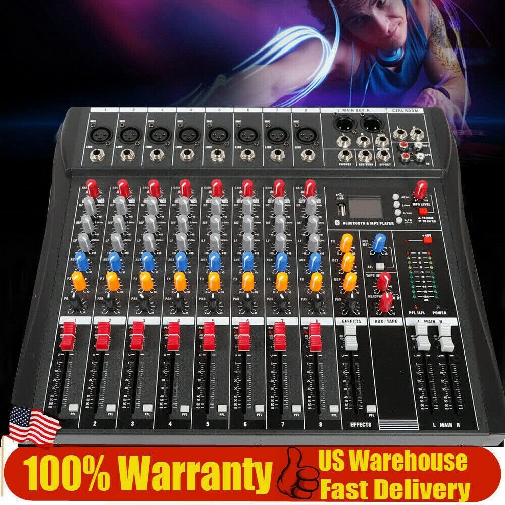 Professional 8 Channel Mixing Console Audio Mixer Bluetooth w/USB Drive Amplifier Studio Audio Sound Mixer Console Ac 110v 50hz 18w
