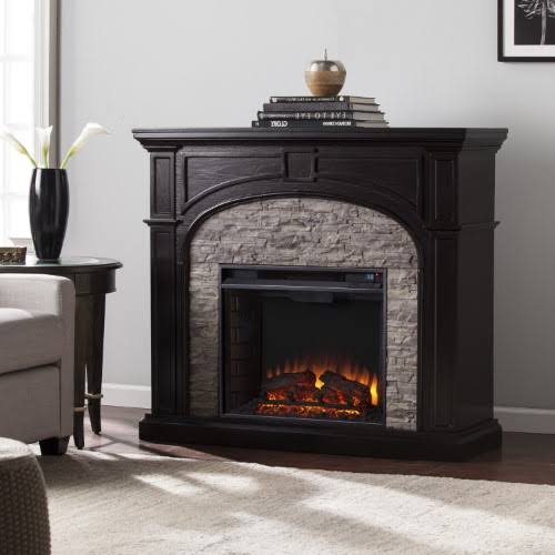 Lambert Infrared Fireplace with Faux Stone, Ebony, Brown