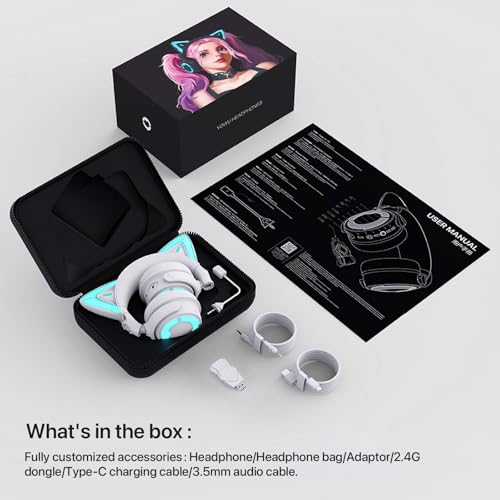 YOWU Cat Ear Headphones 4GS -Wireless Bluetooth Noise Cancelling Headphones, RGB Gaming Headset with Mic & 2.4G USB/Type C Dongle for PC/PS4/PS5/XBOX/Switch