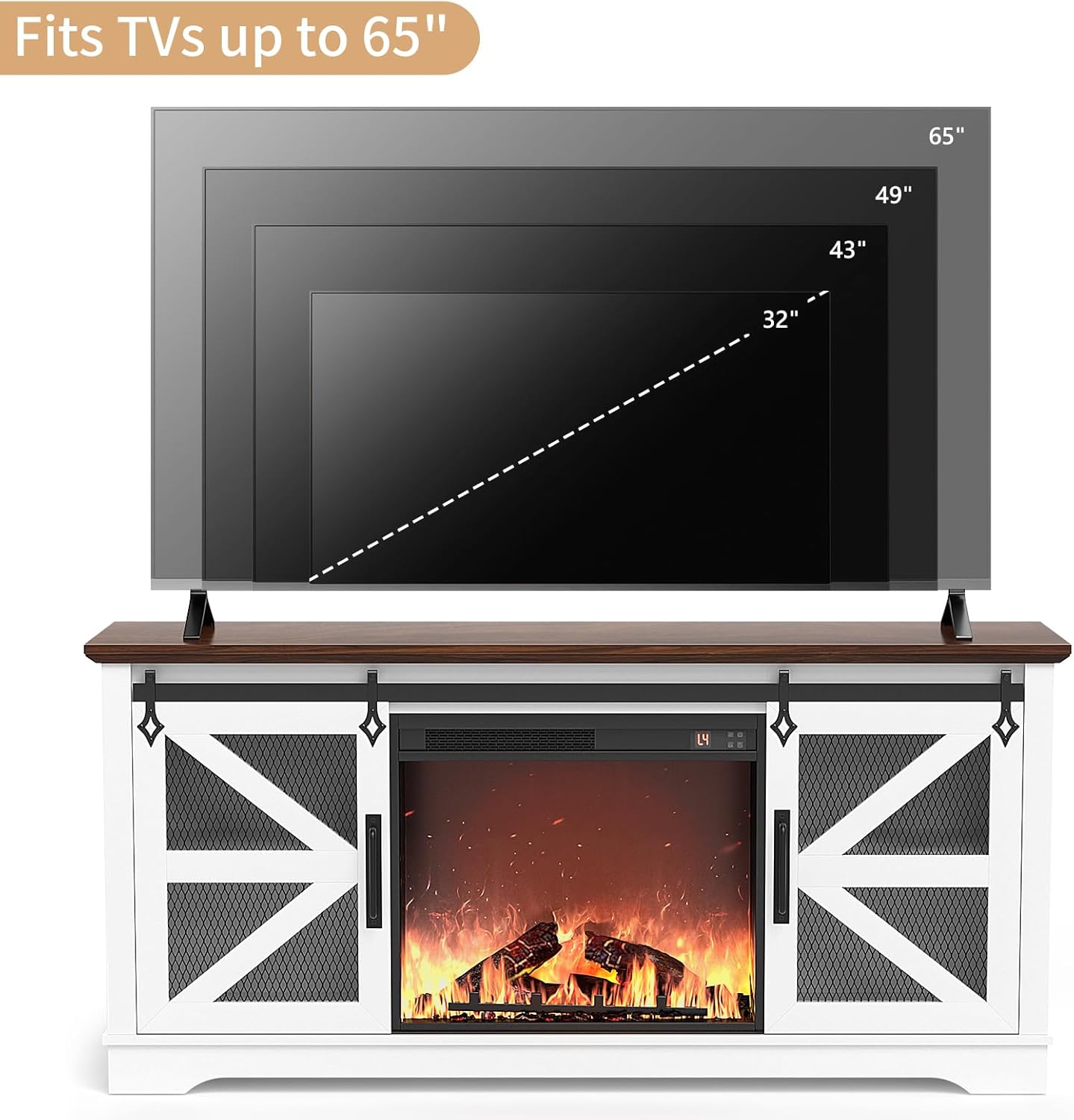 VOWNER Fireplace TV Stand for 65 Inch TV, Farmhouse Media Console Table with Electric Fireplace Heater & Sliding Barn Doors, Entertainment Center for Living Room, White