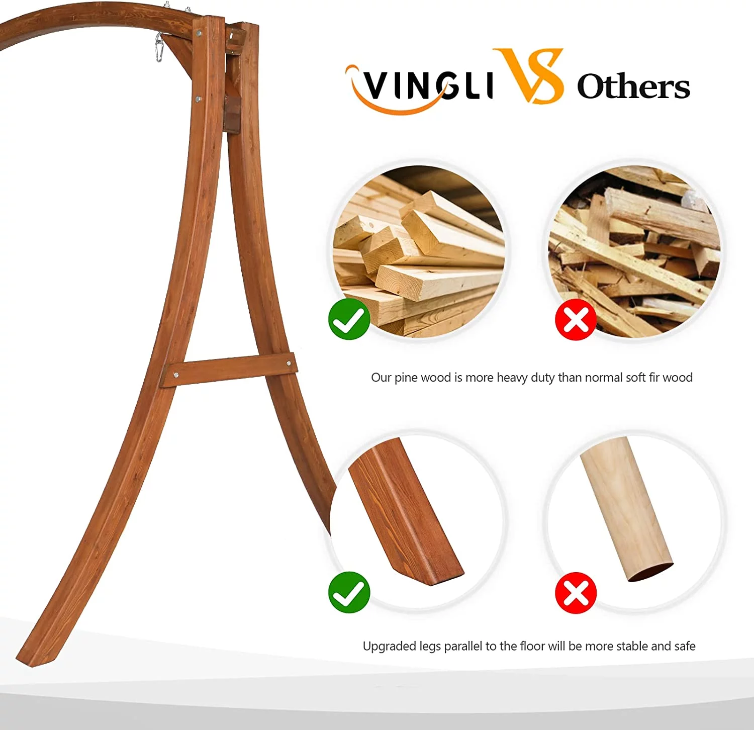 Heavy Duty Wooden Swing Frame for Adults Kids, Strong A-Frame Porch Swing Bench Stand for Indoor & Outdoor, Curved Arc Top Design, Supports Up to 660 LBS