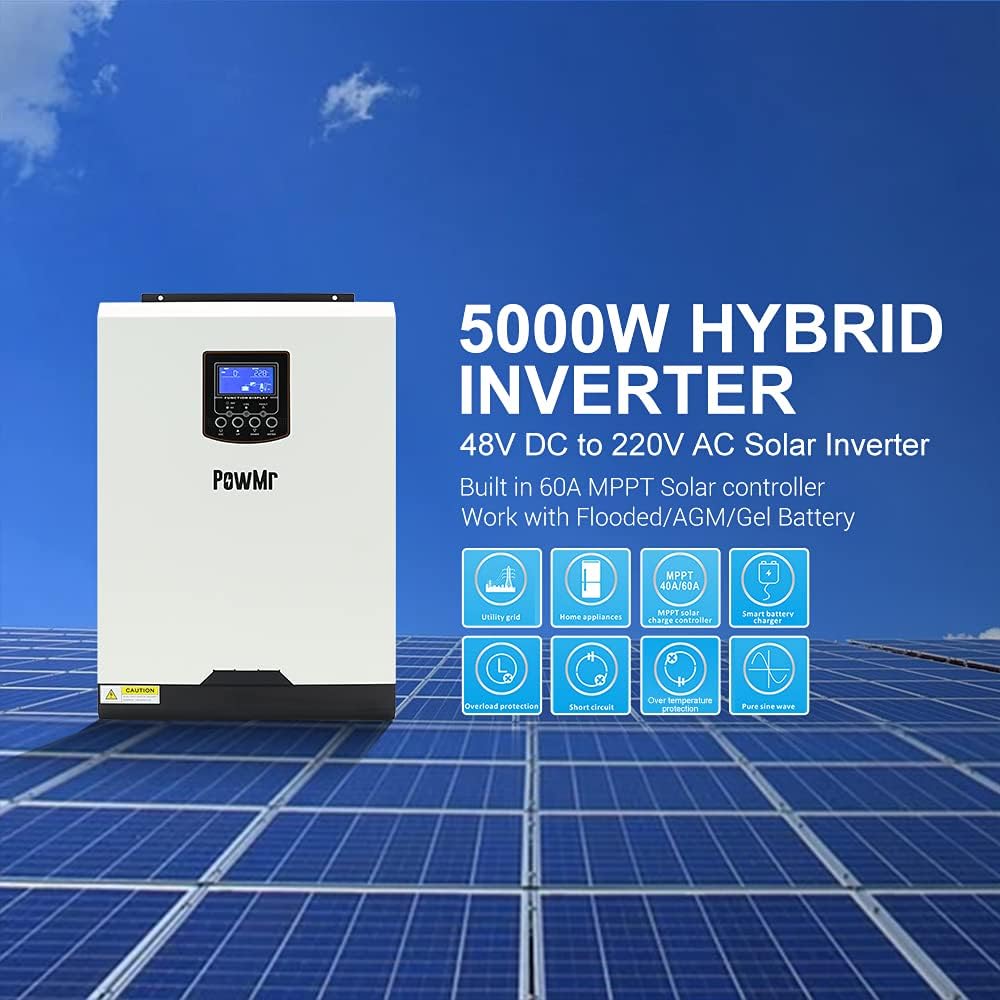 PowMr 5000W Pure Sine Wave Inverter Single Phase 48v DC to 230V AC Built-in 60A MPPT Charge Controller,Hybrid Inverter Support Utility/Generator/Solar Charge